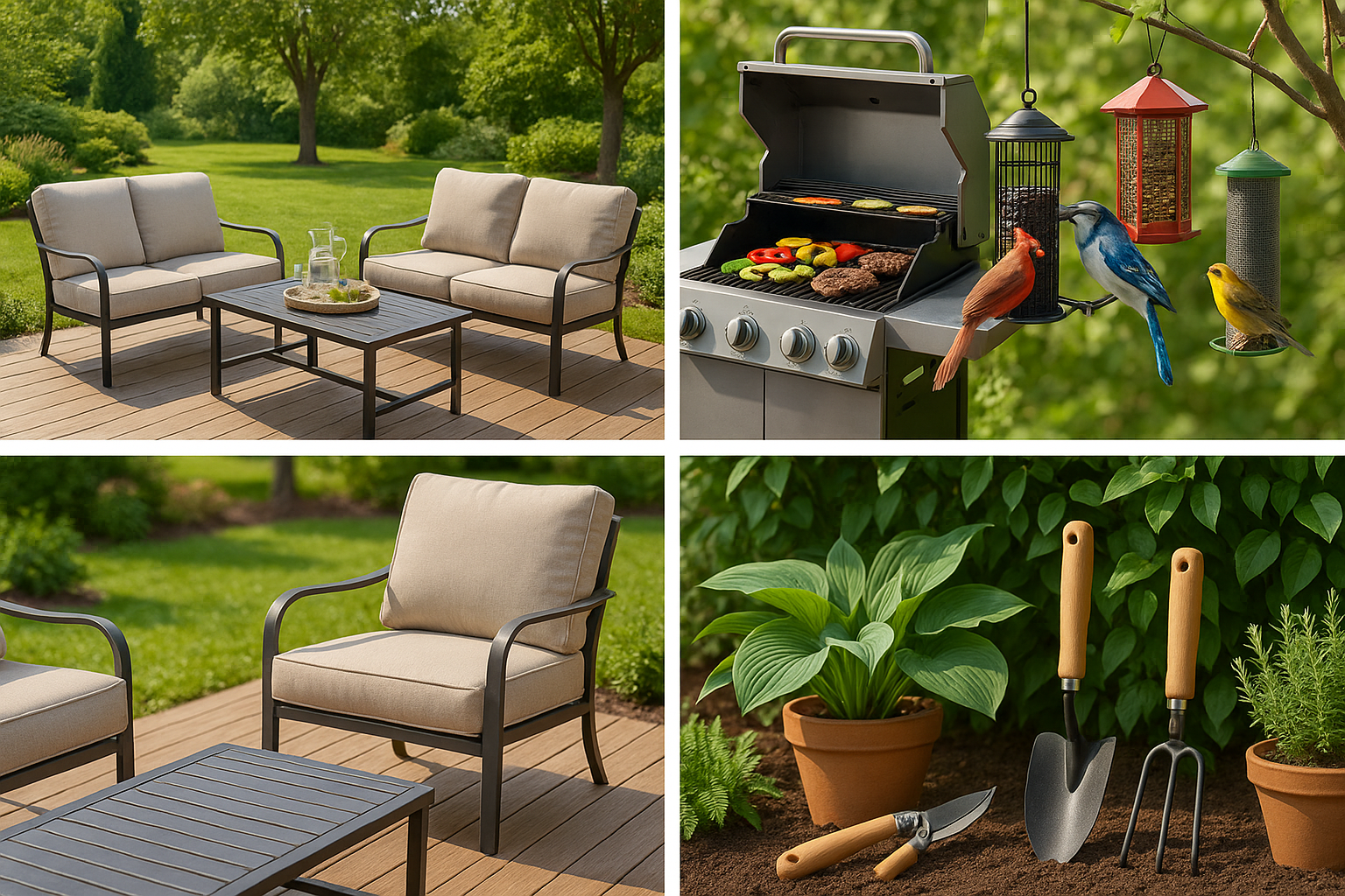 Create a high-quality
The image should visually showcase all main collections:
- Elegant garden furniture arranged in a cozy outdoor patio,
- A modern BBQ grill with delicious food,
- Bird feeders and bird care products with colorful wild birds,
- Lush green garden plants and tools.
Style: Bright, welcoming, natural colors with a modern and clean design.
Mood: Inviting, family-friendly, professional e-commerce style.