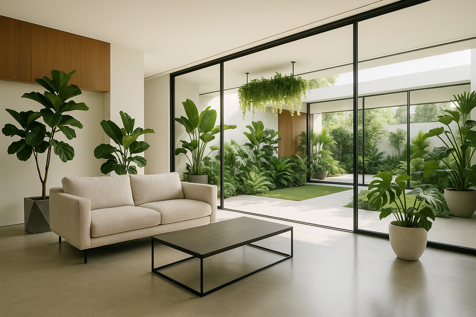 Modern minimalist home & garden interior with cozy furniture, indoor plants, natural light, high-resolution, website hero banner style, premium aesthetic