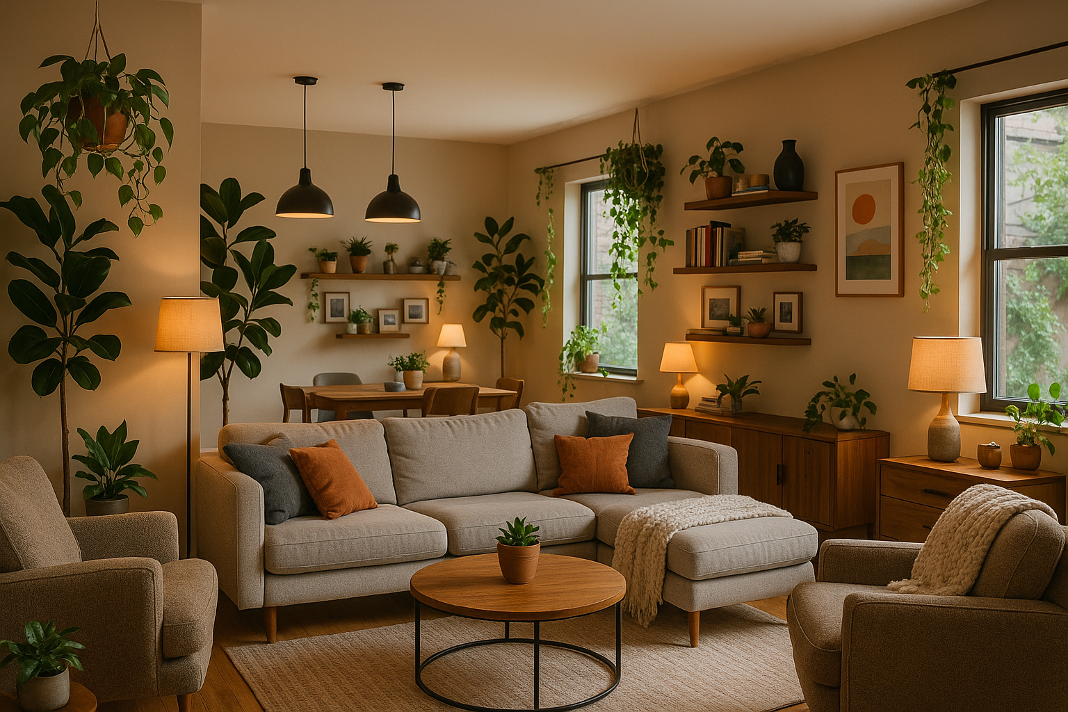 versatile modern home with mix of plants, lighting, cozy furniture, personalized design