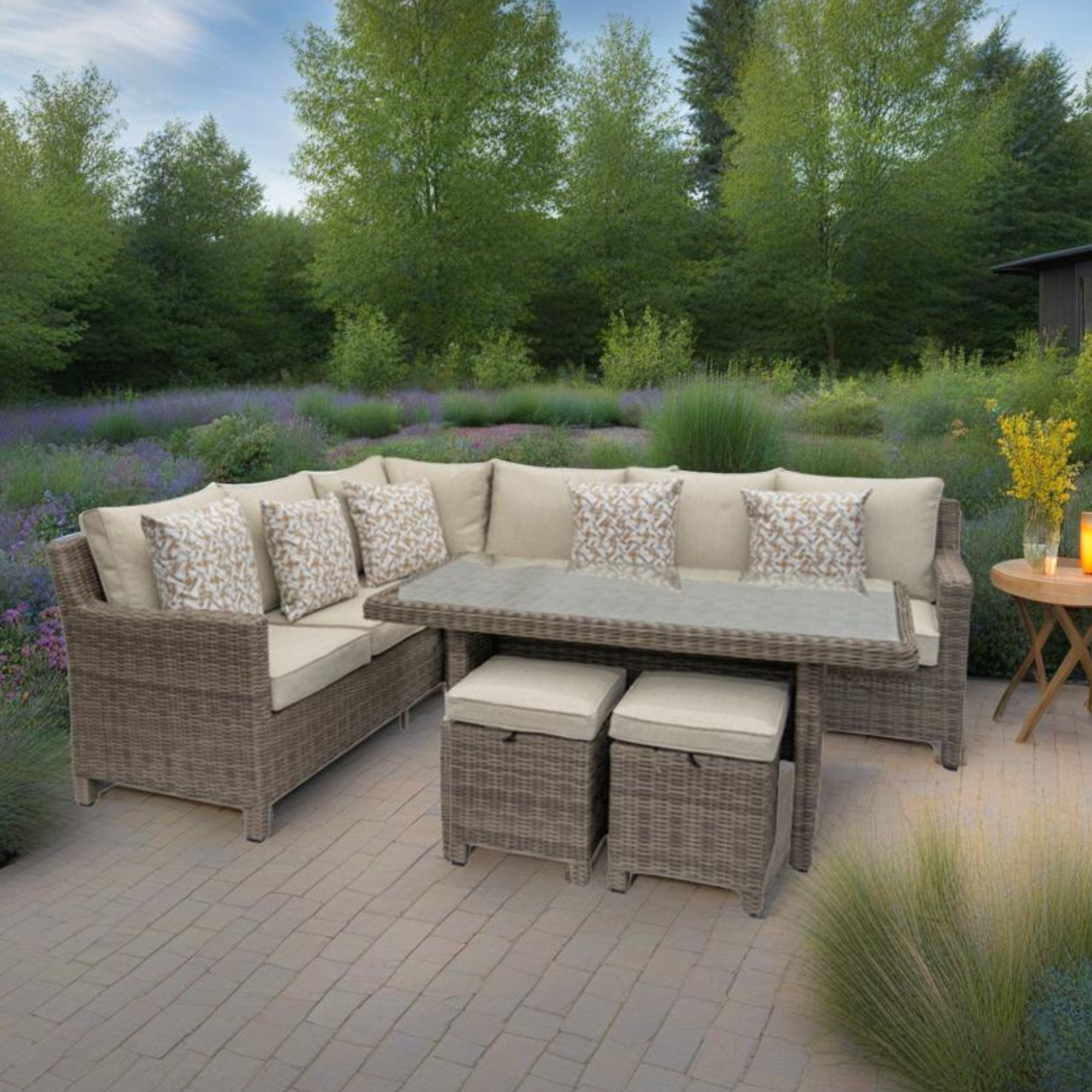Kensington Right Hand High Corner Outdoor Dining Lounging Set | Wicker | Seats 7